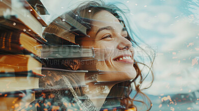 Buy stock photo Happy woman, future and books with overlay for knowledge, education or learning in double exposure. Face of young female person with smile for novel, textbooks or dream for imagination or literature