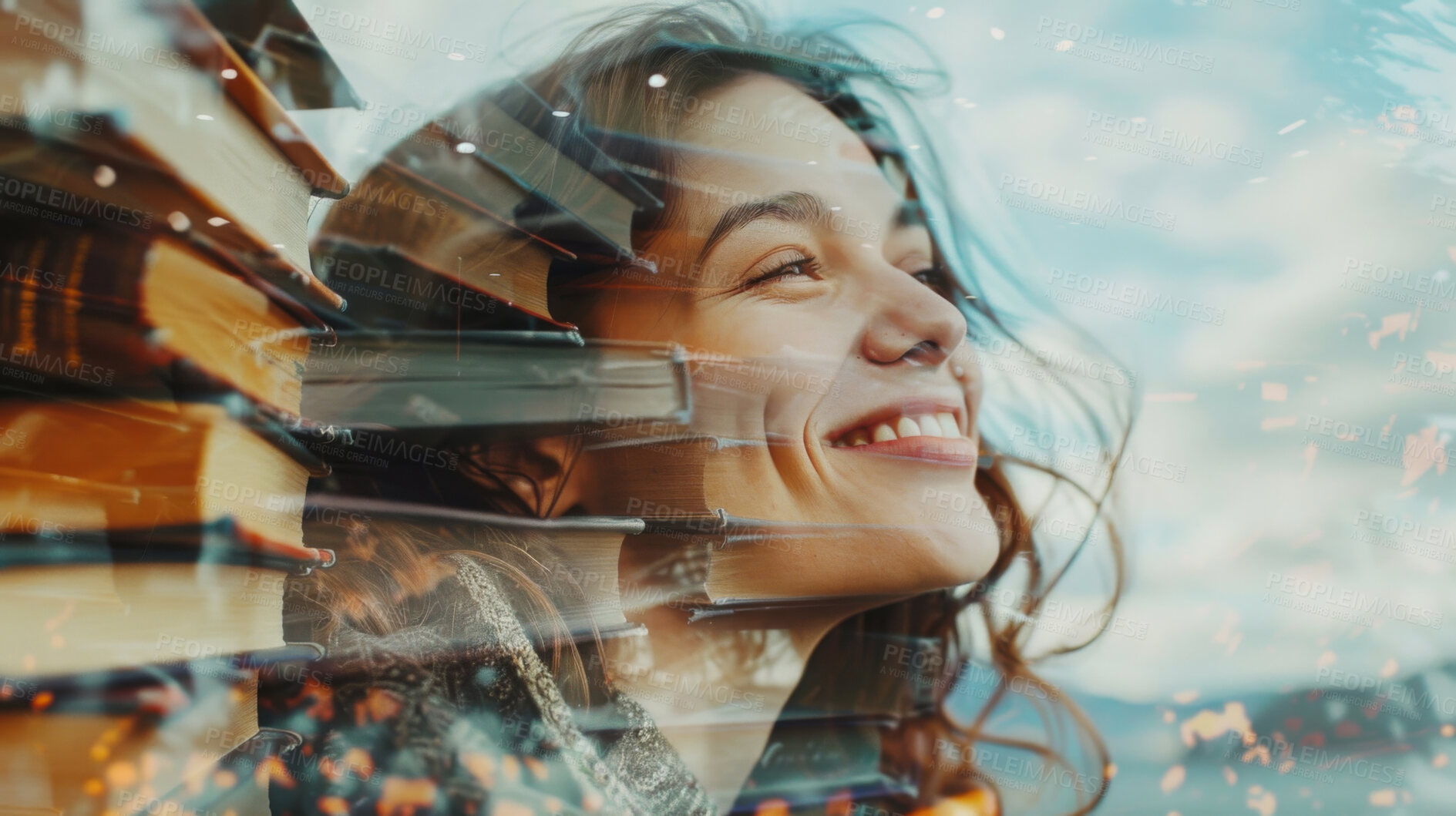 Buy stock photo Happy woman, future and books with overlay for knowledge, education or learning in double exposure. Face of young female person with smile for novel, textbooks or dream for imagination or literature