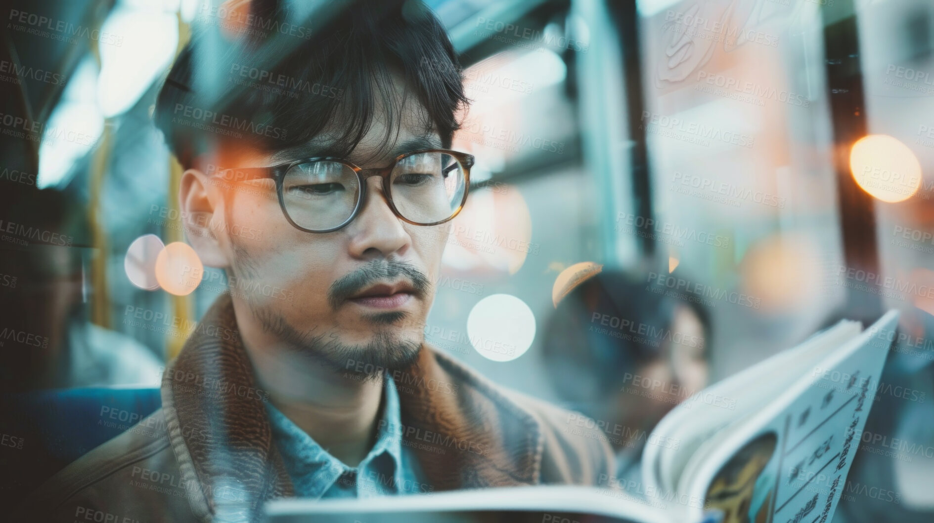 Buy stock photo Asian man, train and reading with book at night for knowledge, story or literature in travel to subway station. Male person with novel for information or learning language in commute or immigration