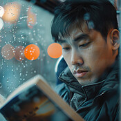 Train, book and Asian man reading, relaxing and literature with ...