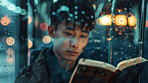 Train, travel and Asian man reading a book, raining and literature with adventure, knowledge and journey. Pensioner, transportation and guy with memoir, commute or relax with inspiration or storm