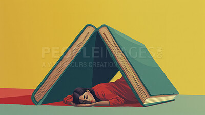 Illustration, woman and sleeping with book for shelter, knowledge or literature on colorful background. Cartoon of female person or bookworm asleep with novel, textbooks or roof for bedtime story