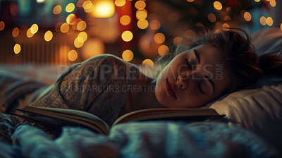 Girl, book and sleep at night on bed, dream and fiction literature for education or relax in home. Female person, nap and bokeh lights for aesthetic, bedroom and student fatigue for studying in dark