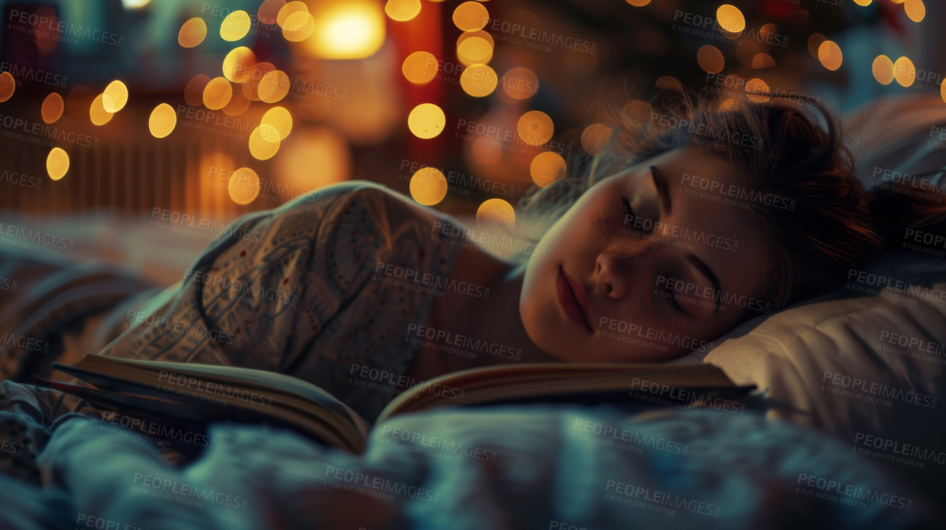 Buy stock photo Girl, book and sleep at night on bed, dream and fiction literature for education or relax in home. Female person, nap and bokeh lights for aesthetic, bedroom and student fatigue for studying in dark