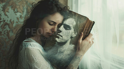 Woman, book and man with embrace in picture at home for memories or grief with emotional for loss of partner. Sad, female person and imagination with love or care by photo album to remember spouse