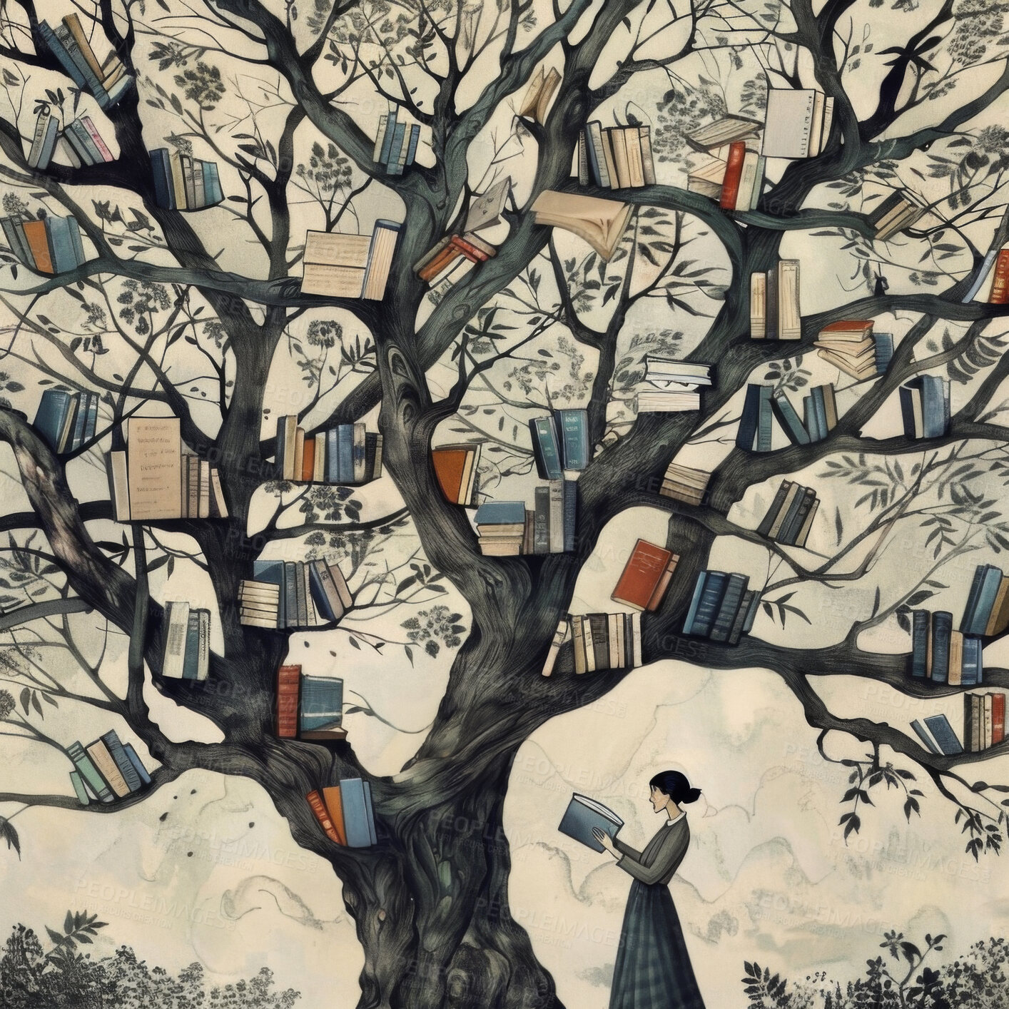 Buy stock photo Book, tree and person reading as illustration with creativity or knowledge growth in nature, literature or information. Woman, branches and research education as artwork or future, learning or poster