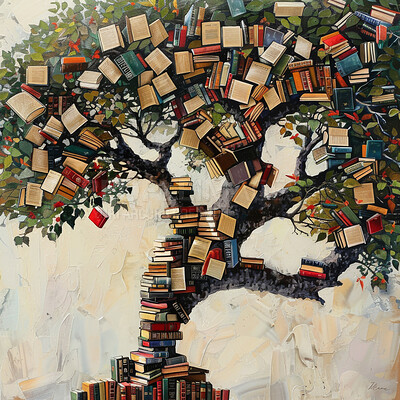 Illustration, tree and books or knowledge growth in nature as abstract artwork or paint, drawing or learning. Branches, literature and creative as academic education or story, imagination or research