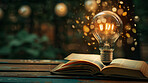 Book, light bulb and learning for ideas, growth and story development in knowledge, inspiration and insight. Reading, culture and storytelling with imagination, information or creativity in education