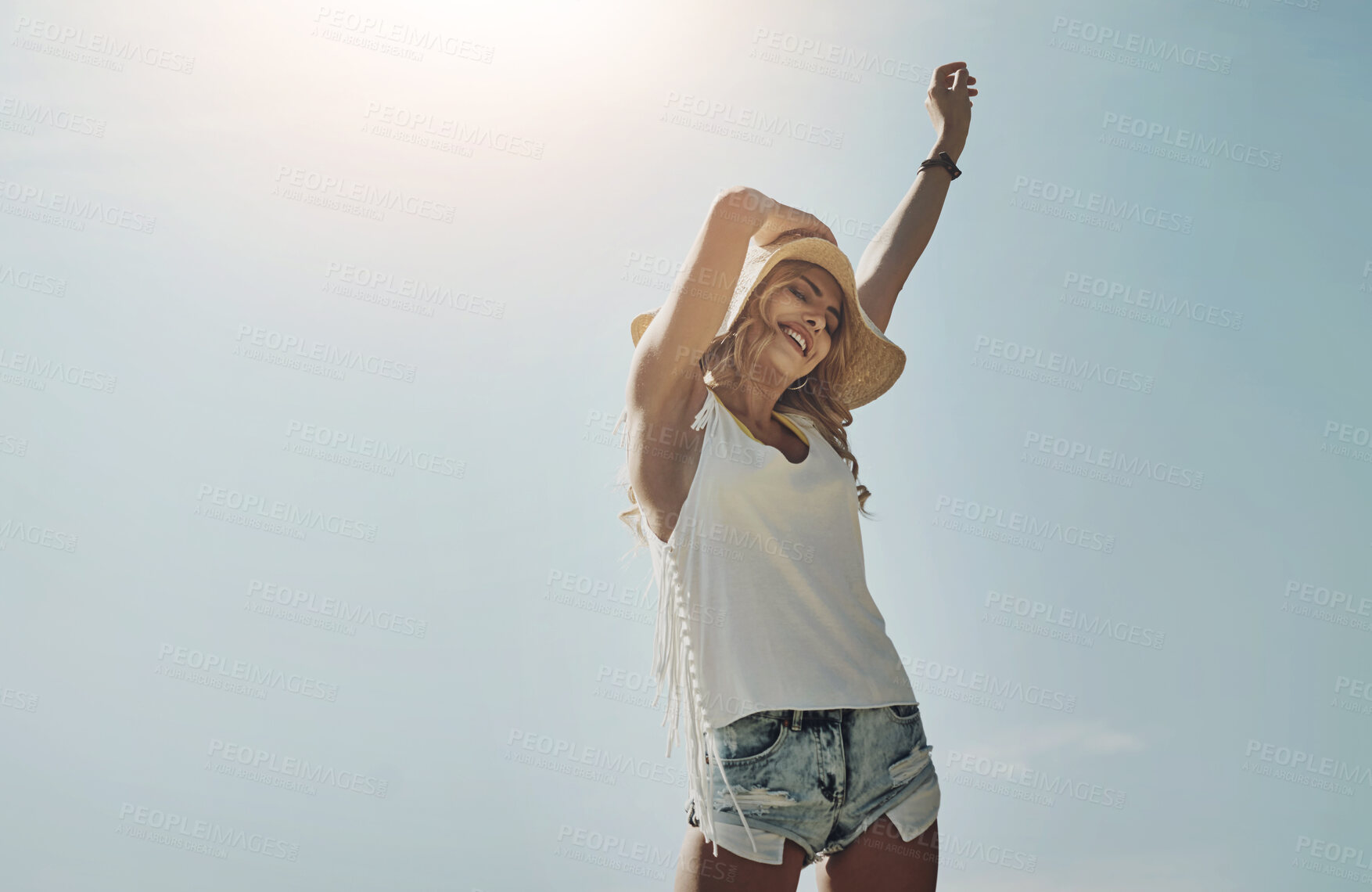 Buy stock photo Woman, blue sky or freedom with smile on vacation in Puerto Rico, adventure travel to island for health. Female person, relax or happiness with lens flare in outdoor for wellness, journey with mockup