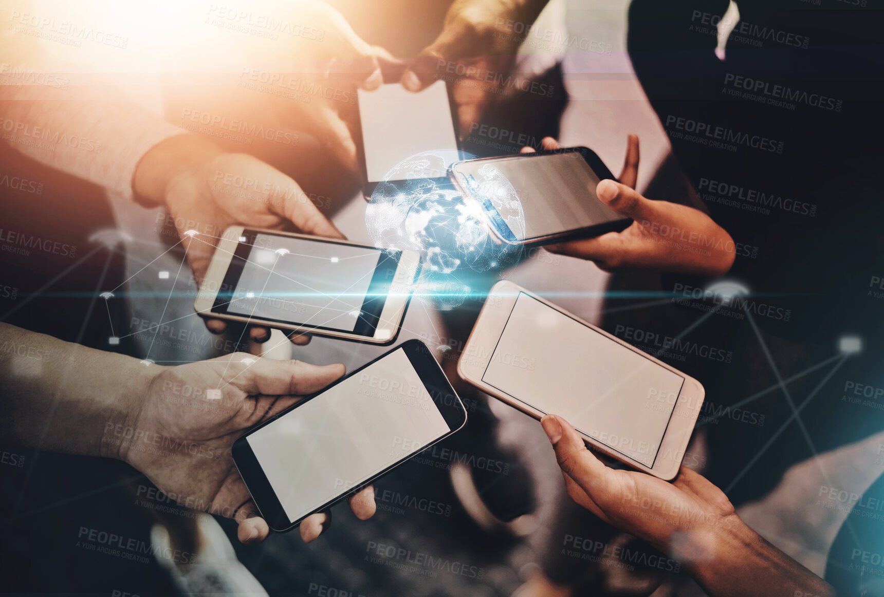 Buy stock photo Hands, phone and people together with global network overlay for fitness app, training schedule or connectivity. Smartphone, digital wireframe and friends with social media for smart workout at gym