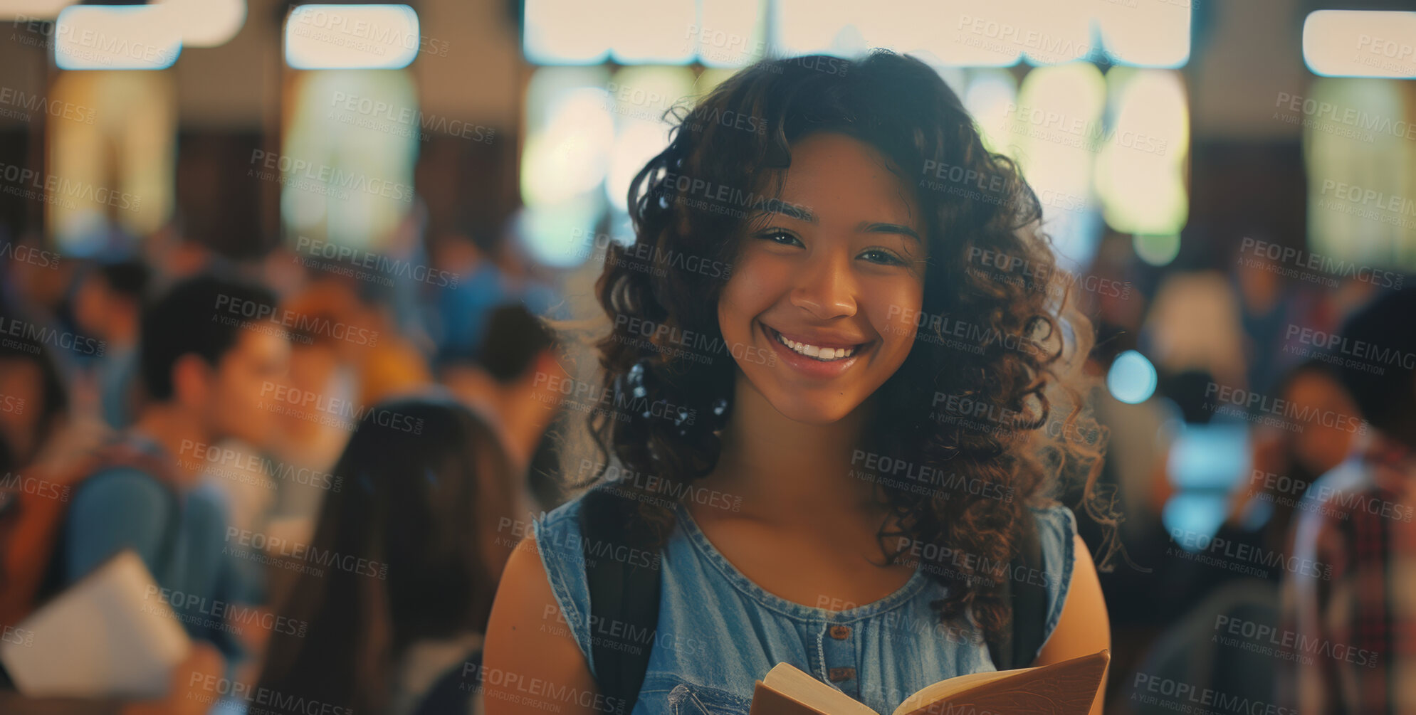 Buy stock photo Girl, student and book in middle school, learn institute and children sitting or education class together. Child, backpack and confident with study textbook, happy and smile for development or growth