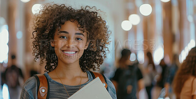 Buy stock photo Girl, student and smile in school corridor, learning institute and children or walking for education class. Child, backpack and confident with textbook, happy and goal for development or growth