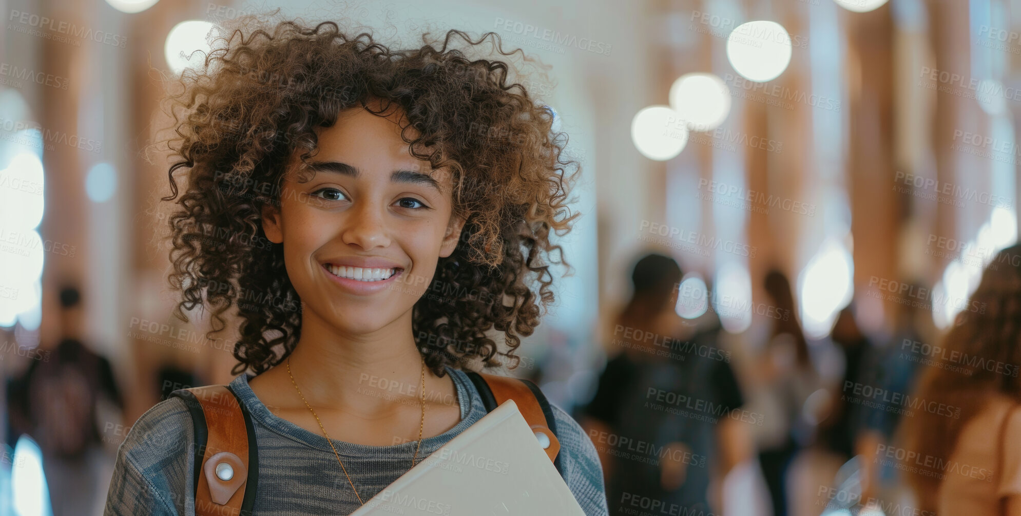 Buy stock photo Girl, student and smile in school corridor, learning institute and children or walking for education class. Child, backpack and confident with textbook, happy and goal for development or growth