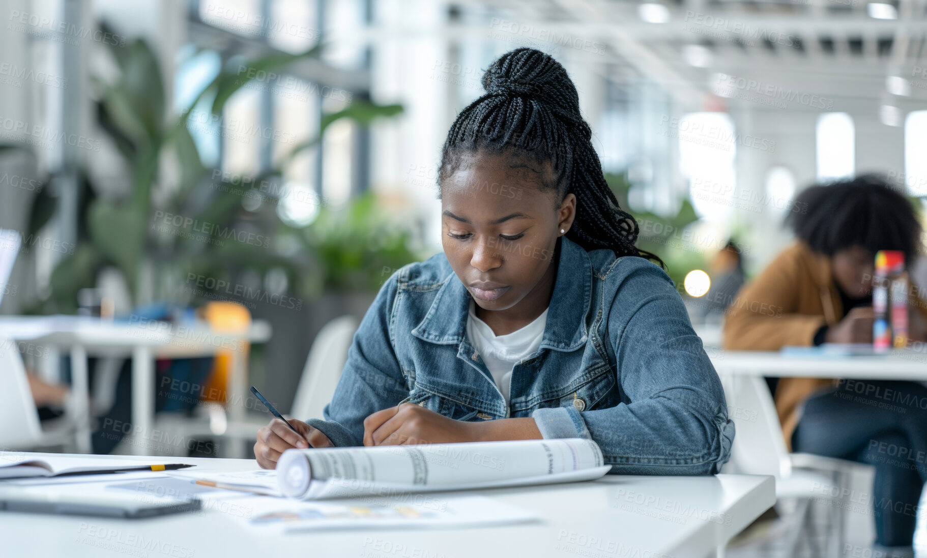 Buy stock photo Student, school and writing with pages on desk, university leaner and blueprint for architecture homework or project. Reading, growth and education development, black girl and working for goals