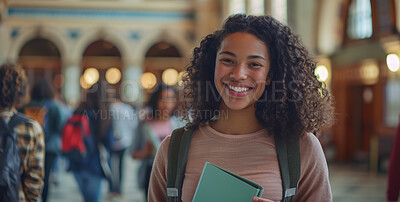 Buy stock photo Girl, student and notebook in school corridor, learning institute and children or walking for education class. Child, backpack and confident with study textbook, happy and development or growth