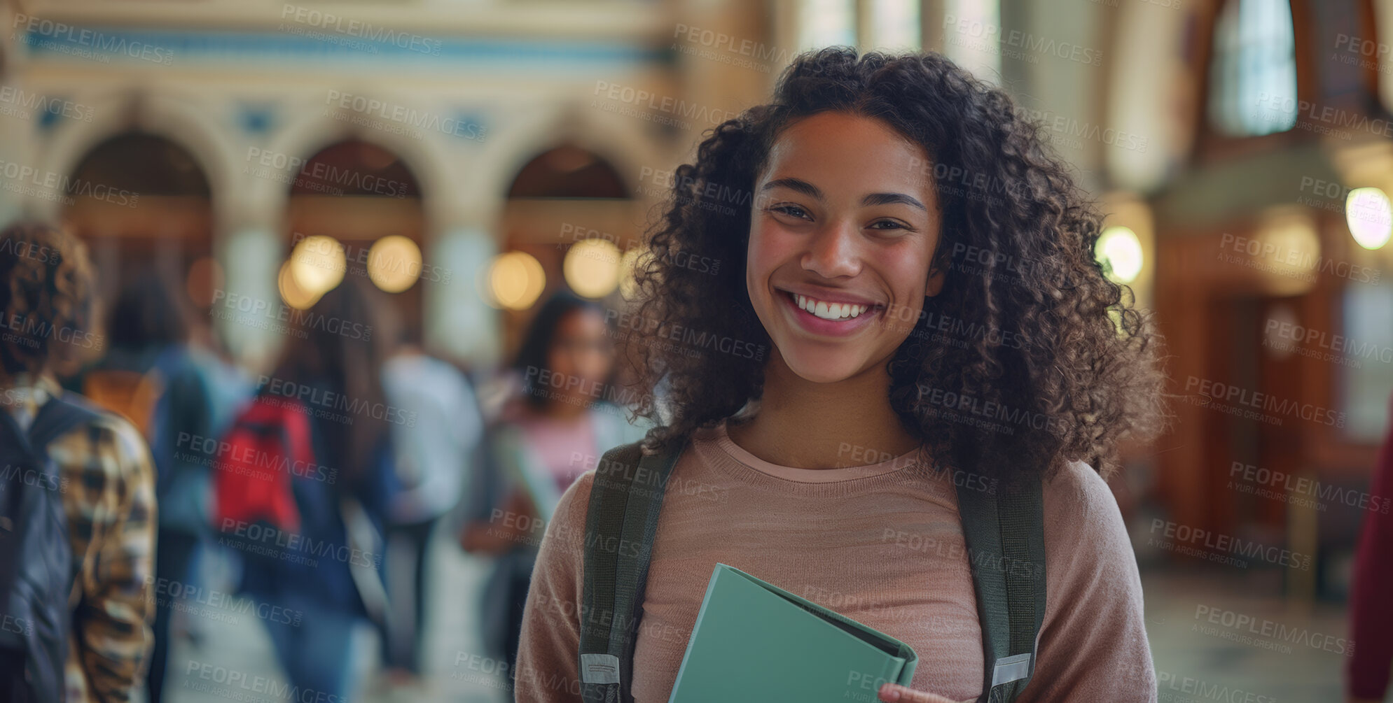 Buy stock photo Girl, student and notebook in school corridor, learning institute and children or walking for education class. Child, backpack and confident with study textbook, happy and development or growth