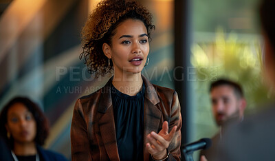 Buy stock photo Woman, environment or convention with talk or discussion on global warming, question for government. Female reporter, assembly or chat on climate change with parties, topic for Paris agreement