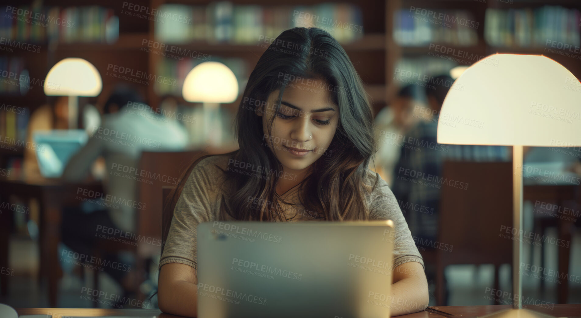 Buy stock photo Laptop, night and woman reading in library studying for university exam, assignment or test. Dark, technology and female student working on college project with computer in classroom at campus.