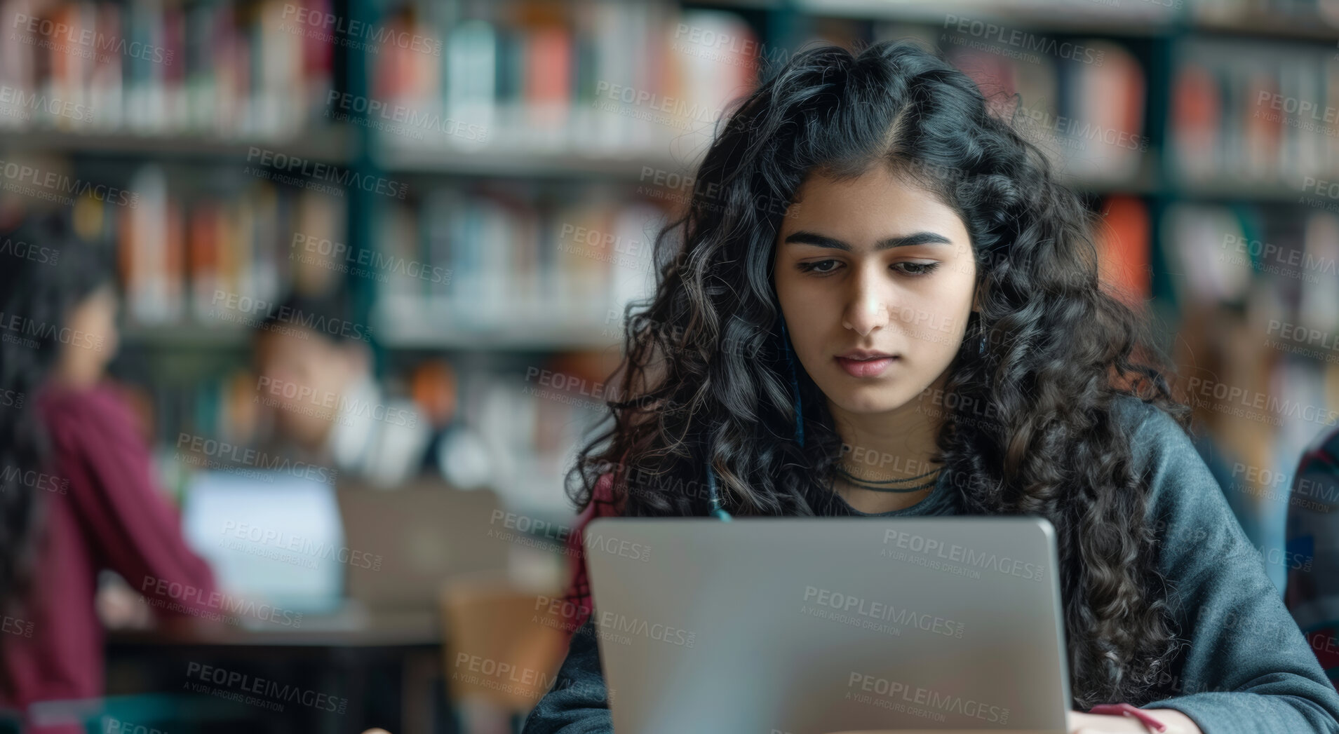 Buy stock photo Laptop, reading and woman in university library studying for exam, assignment or test online. Education, technology and female student working on college project with computer in classroom at campus.