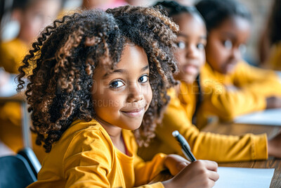 Buy stock photo Black child, portrait and classroom with friends for learning education in kindergarten, writing or desk. Girl, face and smile as young student for english lesson or or school, future or elementary