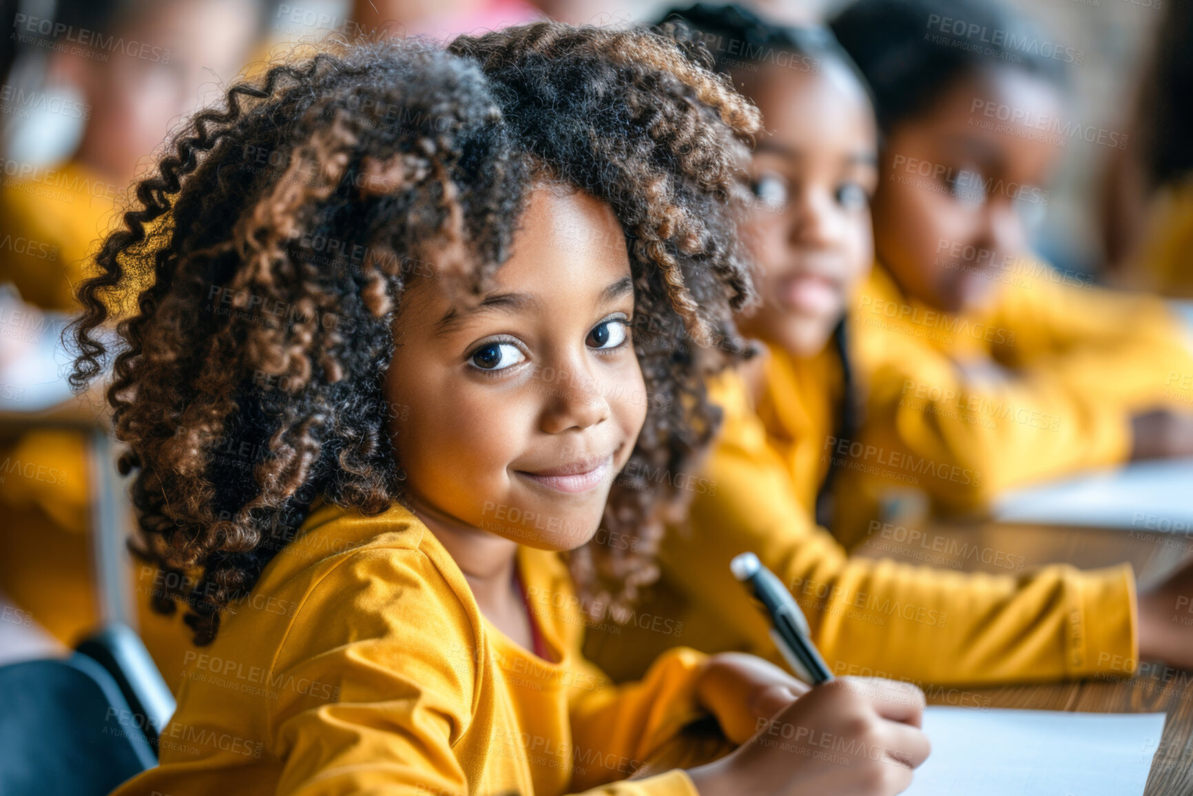 Buy stock photo Black child, portrait and classroom with friends for learning education in kindergarten, writing or desk. Girl, face and smile as young student for english lesson or or school, future or elementary