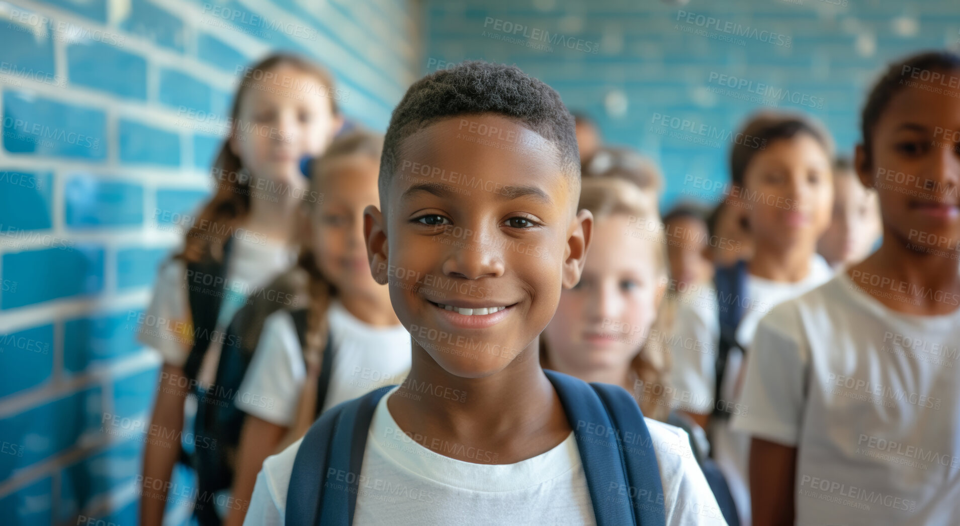 Buy stock photo Boy, student and happy portrait with children in primary school or kindergarten for learning education and social interaction. Classmates, learners and diversity on campus for growth and development.