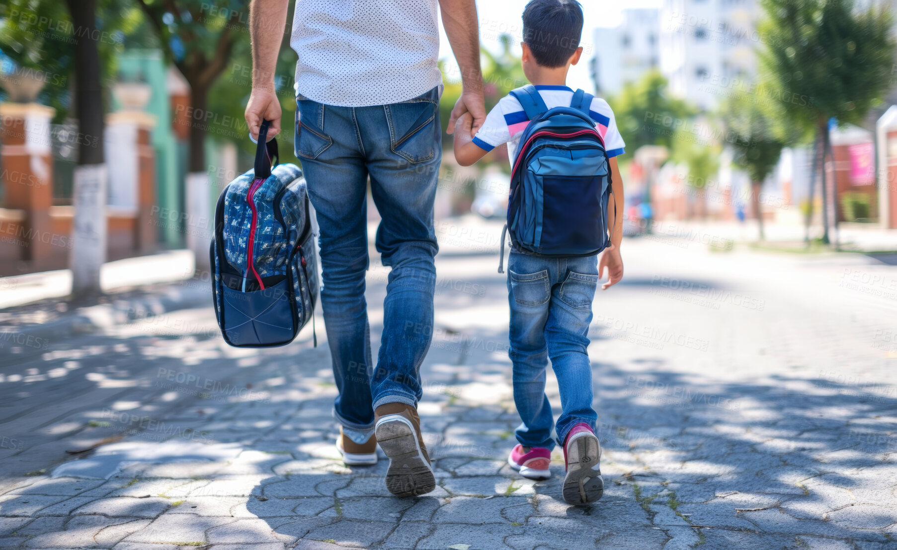 Buy stock photo Parent, child and walking to school or holding hands for city commute for kindergarten, education or rear view. Kid, backpack and student support for youth development or outdoor, growth or urban