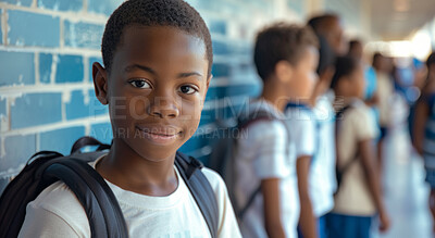 Buy stock photo Boy, student and happy portrait in school or kindergarten for learning education or knowledge and social interaction. Classmates, learners and diversity on campus or academy for growth or development