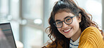 Student, girl and portrait for education on laptop with e learning, studying and school platform for resources. Face of young person on computer with glasses, vision and happy for college opportunity