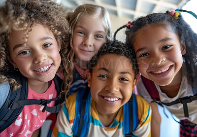 Buy stock photo Children, students and happy portrait in school or kindergarten for learning education and social interaction. Classmates, learners and excited with diversity on campus for growth and development.