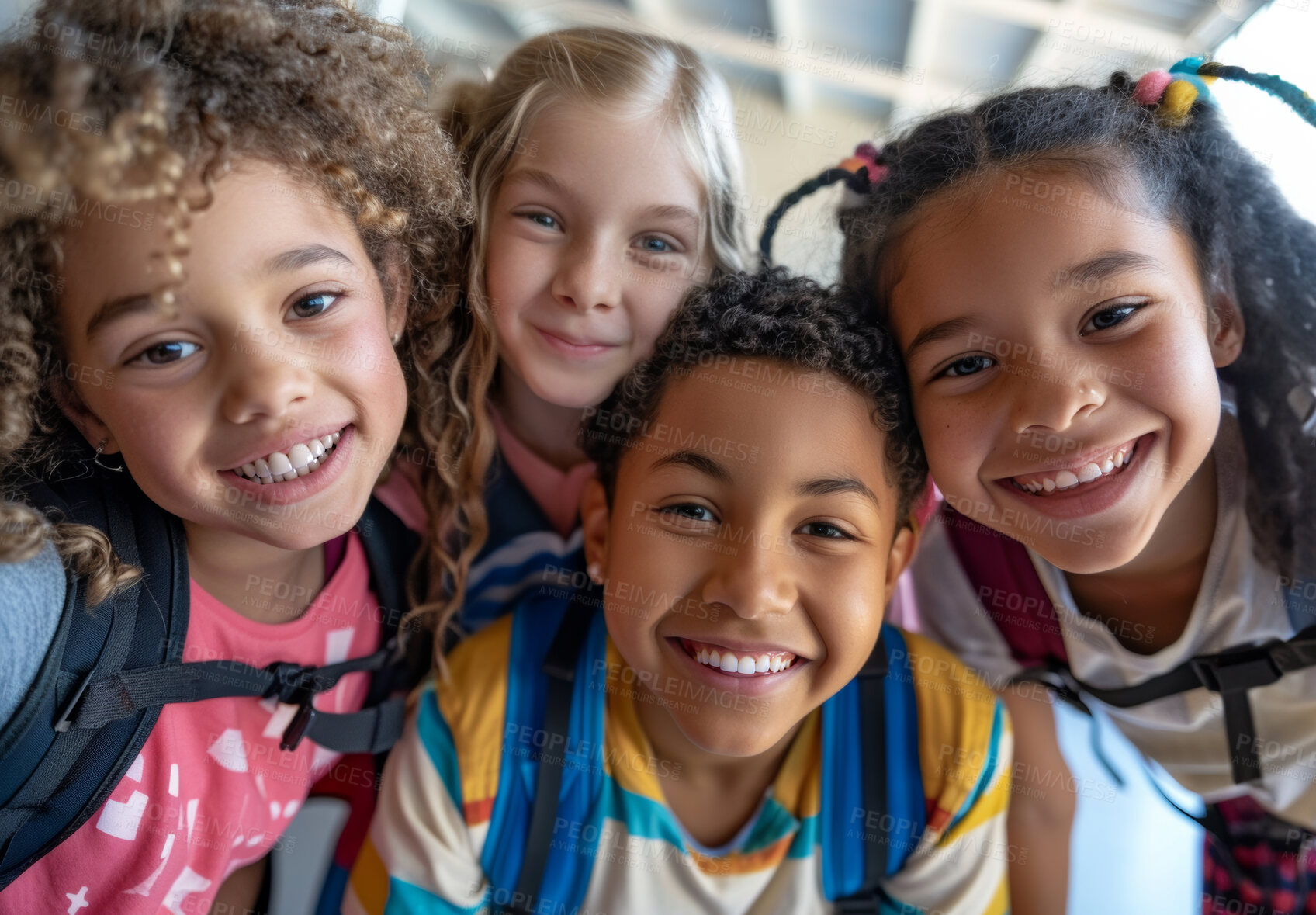 Buy stock photo Children, students and happy portrait in school or kindergarten for learning education and social interaction. Classmates, learners and excited with diversity on campus for growth and development.