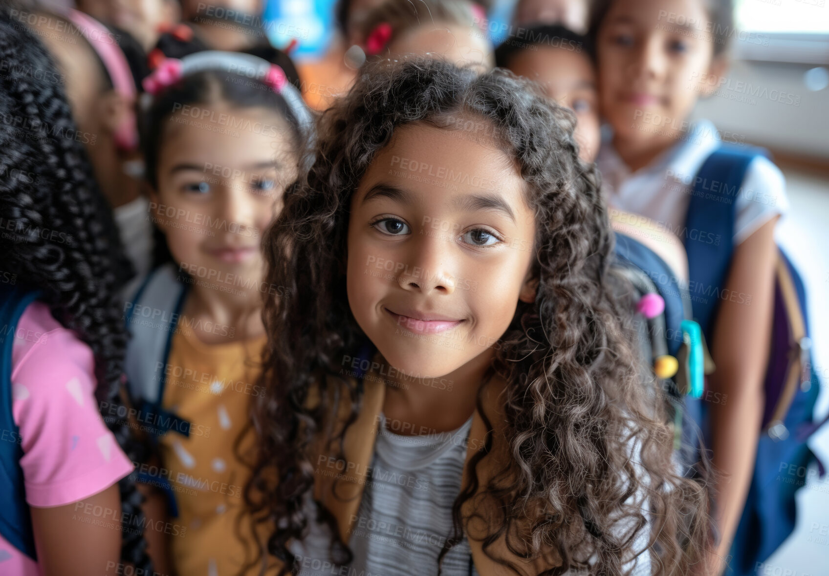 Buy stock photo Girl, student and happy portrait with children in primary school or kindergarten for learning education and social interaction. Classmates, learners and diversity on campus for growth and development