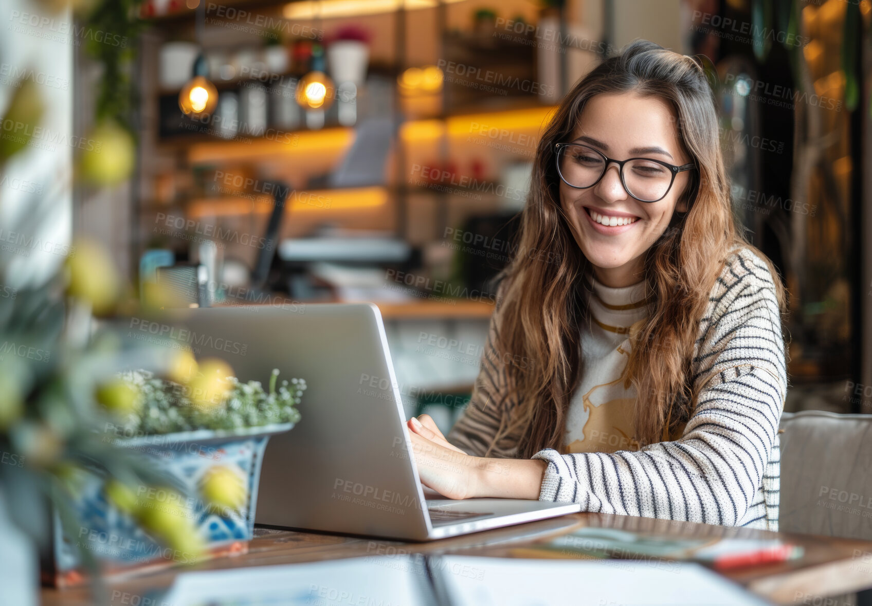 Buy stock photo Laptop, smile and woman typing in library studying for university exam, assignment or test. Happy, technology and female student working on college project with computer in classroom at campus.