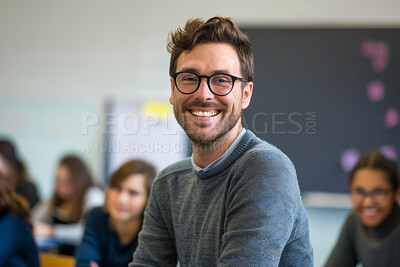 Buy stock photo Teacher, portrait and man in class at high school for maths, education or teaching students. Happy, face and scholarship at academy to study in classroom with learning, growth of children and lecture