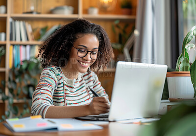 Buy stock photo Laptop, notes and woman student writing in library studying for university exam, assignment or test. Smile, technology and female person work on college project with computer in classroom at campus.