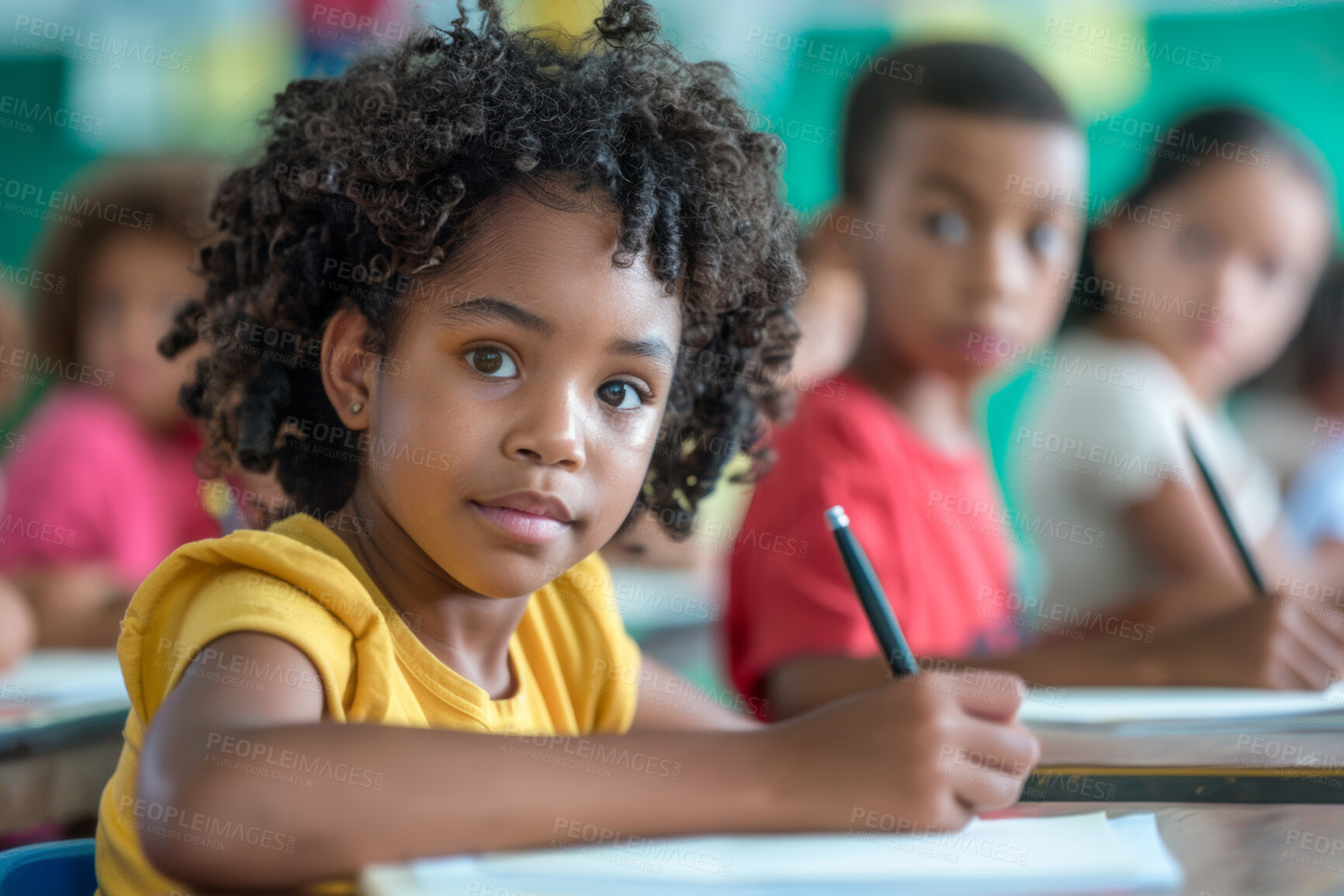 Buy stock photo Girl, student and book in school and desk, learning institute and children together for education class. Child, writing and with study textbook, childhood and smile for development or growth