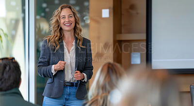 Buy stock photo Business woman, speaker and meeting of presentation, proposal and advice or b2b pitch in public relations. Professional presenter, worker or person speaking to clients, staff or audience for about us