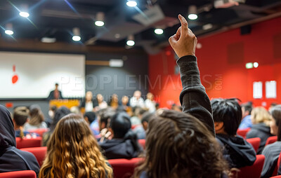 Buy stock photo Hand, question and student in lecture, woman and feedback in classroom for knowledge or answer. Pupil, lesson and university education for solution, information and gesture to ask for development