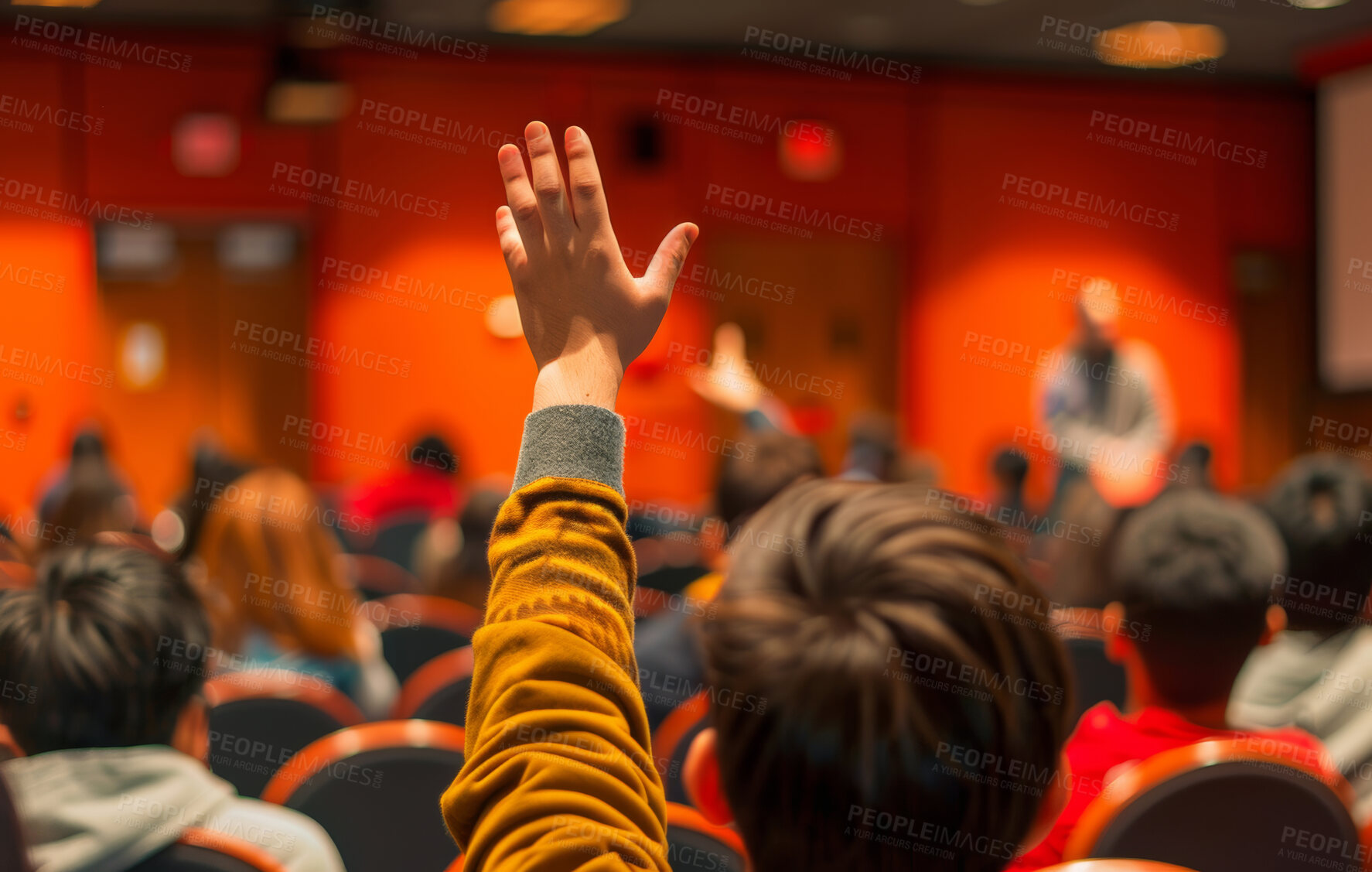 Buy stock photo Hand, question and student in lecture, man and feedback in classroom for knowledge or answer. Person, lesson and university education for solution, information and gesture to ask for development