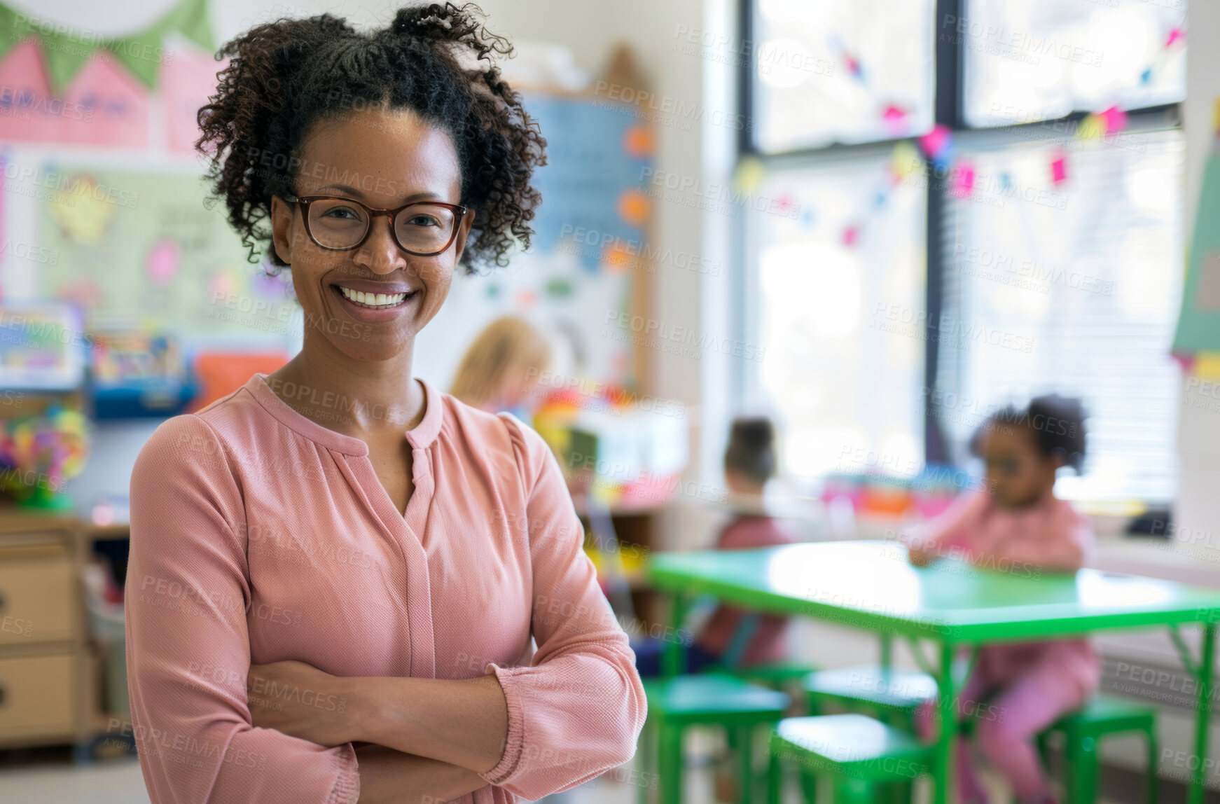 Buy stock photo Black woman, school and portrait of teacher with arms crossed for kindergarten, support and development. Students, children and happy with pride in class for teaching, lesson and career in education