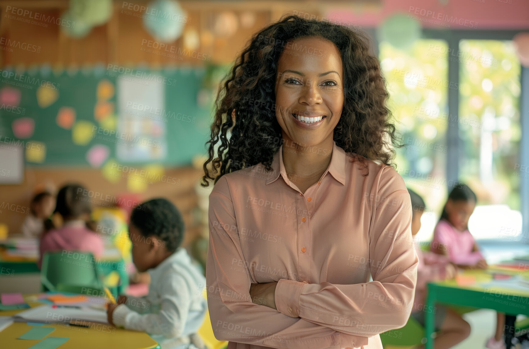 Buy stock photo Children, kindergarten and portrait of teacher with arms crossed for development, support and confidence. Students, black woman and happy with pride for education, leadership and career in teaching