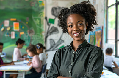 Buy stock photo Kindergarten, smile and portrait of teacher with arms crossed for education, support and leadership. Students, black woman and happy with pride for child development, confidence or career in teaching