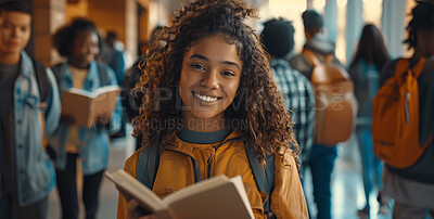 Buy stock photo Girl, student and book in school corridor, learning institute and children or walking for education class. Child, backpack and confident with study textbook, happy and smile for development or growth