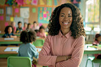 Kids, school and portrait of teacher with arms crossed for kindergarten, lesson or child development. Students, black woman and smile with pride in class for teaching, support and career in education