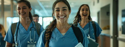 Buy stock photo Woman, portrait and medical student at university, medicine study and proud of hospital internship. Female person, scholarship and healthcare education for cardiology, medicare knowledge and clinic