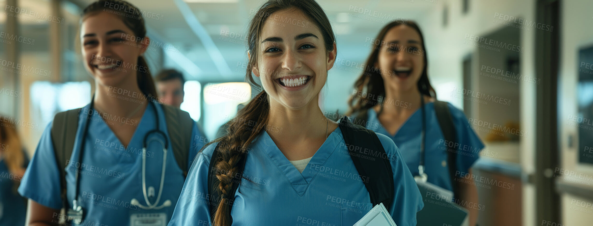 Buy stock photo Woman, portrait and medical student at university, medicine study and proud of hospital internship. Female person, scholarship and healthcare education for cardiology, medicare knowledge and clinic