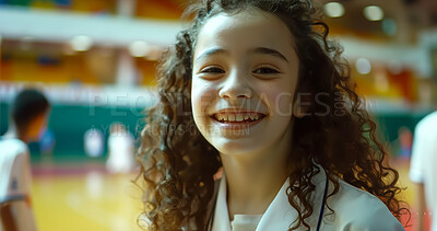 Buy stock photo Portrait, girl and gym class for fitness in school, learn and student on campus. Face, smile and exercise or physical education for happy young child in academy, gymnasium and childhood development