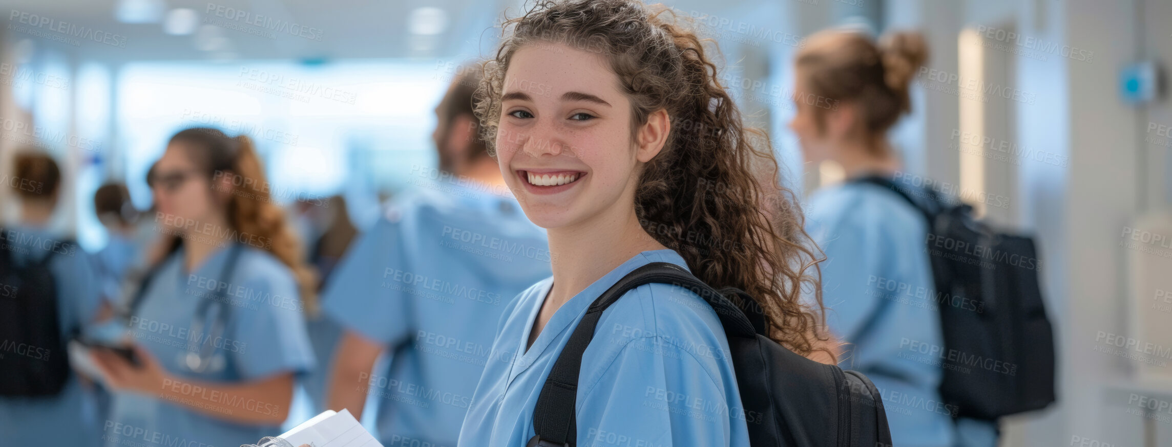 Buy stock photo Woman, portrait and medical student at university, research study and proud of hospital internship. Female person, scholarship and healthcare education for cardiology, medicare knowledge and clinic