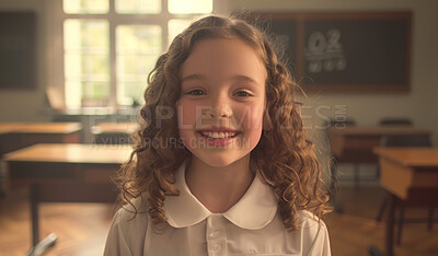 Buy stock photo Portrait, girl and classroom for education in school, learn and student on campus. Face, smile and academic or knowledge for happy young child in academy, study and future for childhood development