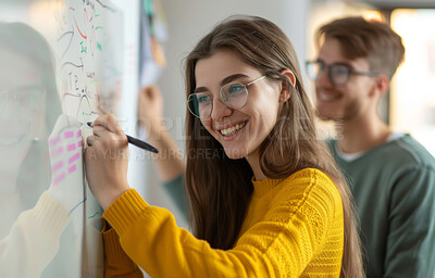 Buy stock photo Smile, student and board with equation in classroom for education with teacher for growth with writing. Development, maths and instruct for knowledge or problem solving with happiness for learn